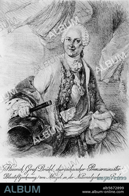 Brühl, Heinrich, Graf von kursächsischer Staatsmann. Gangloffsömmern b. Weißensee (Thür.). 13.8.1700 - Dresden 29.10.1763. Porträt. Zeichnung von Adolph von Menzel. (1805-1905) nach zeitgenössischem Bildnis.