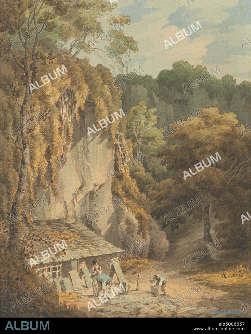 Slate Quarry at Widecombe, Devon, John White Abbott, 17631851, British, 1792, Watercolor, pen, and brown ink on medium, slightly textured, cream laid paper, Sheet: 9 3/8 × 7 1/2 inches (23.8 × 19.1 cm) and Mount: 13 7/8 × 12 inches (35.2 × 30.5 cm), buildings, cliffs, labor, laborers, landscape, masons, men, quarry, slate, trees, workers, working, Devon, England, Europe, United Kingdom, Widecombe-in-the-Moor.