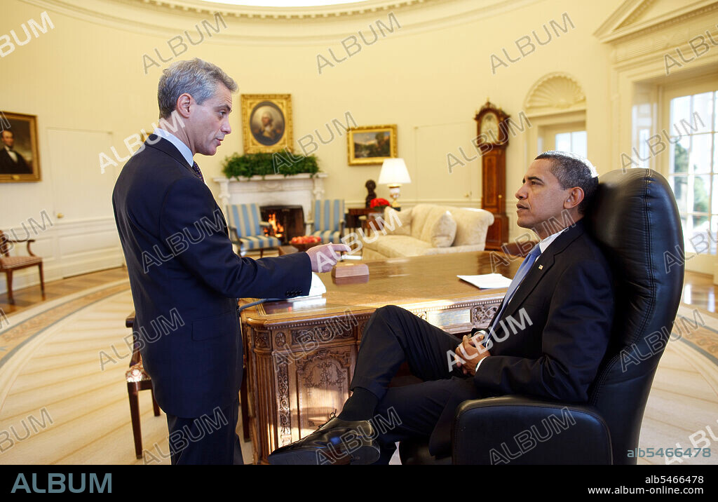 President Barack Obama meets alone with Chief of Staff Rahm Emanuel in the Oval Office on his first full day in office. 1/21/09 .