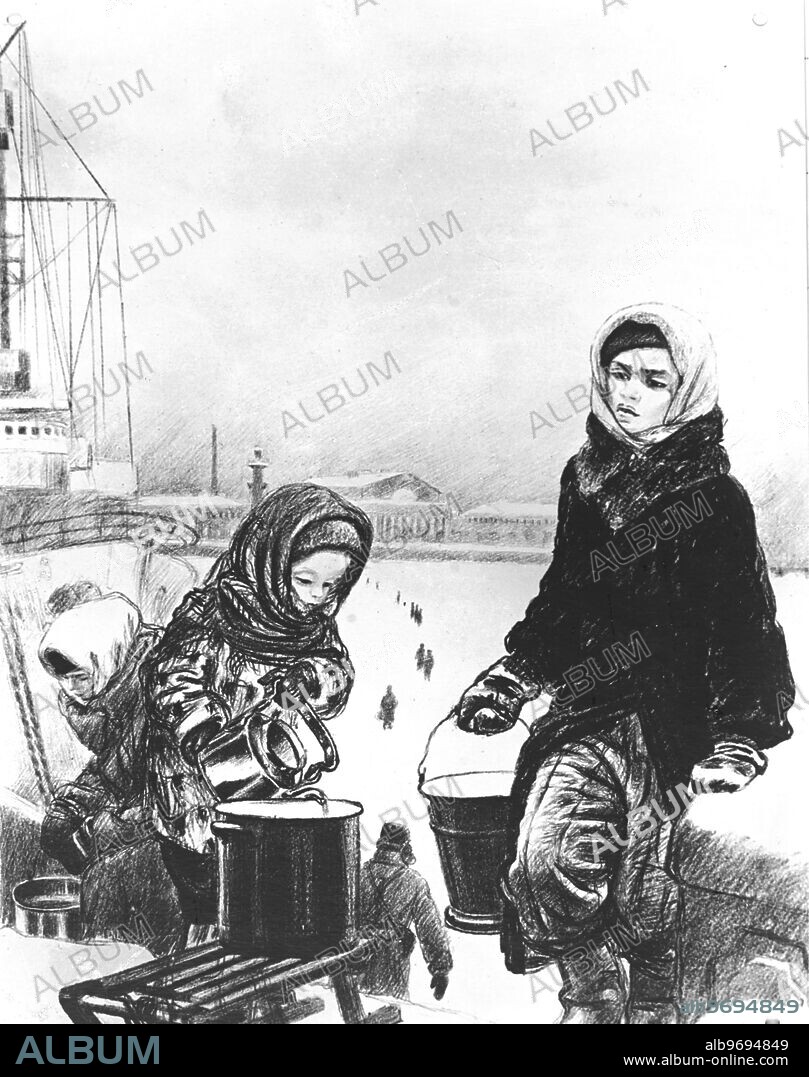 Fetching Water (from the series 'Leningrad During the Blockade'). Drawing by Merited Art Worker of the RSFSR A F Pakhomov, Stalin Prize Winner, born 1900. 1942. Supplied by; SCRSS - Society for Cooperation in Russian And Soviet Studies.