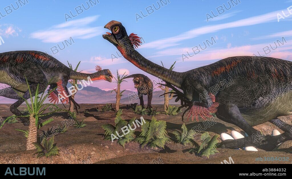 Tyrannosaurus rex attacking Gigantoraptor dinosaurs and their eggs.