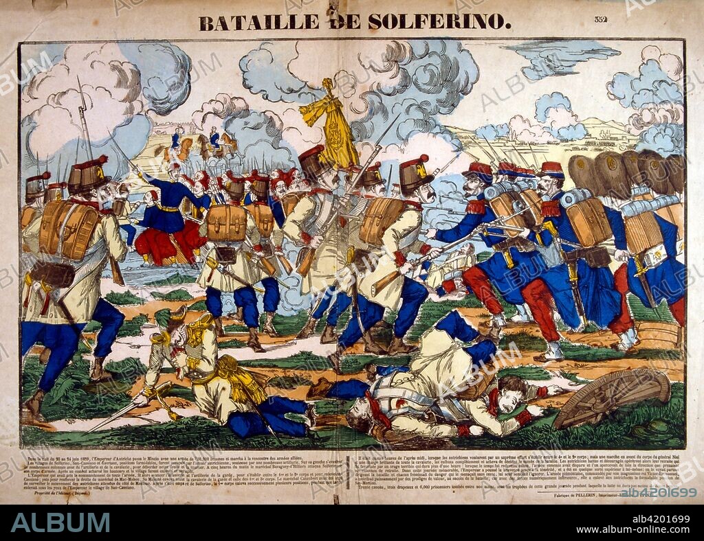 French illustration of the Battle of Solferino (referred to in Italy as the Battle of Solferino and San Martino) on 24 June 1859 resulted in the victory of the allied French Army under Napoleon III and Sardinian Army under Victor Emmanuel II (together known as the Franco-Sardinian Alliance) against the Austrian Army under Emperor Franz Joseph I. It was the last major battle in world history where all the armies were under the personal command of their monarchs.