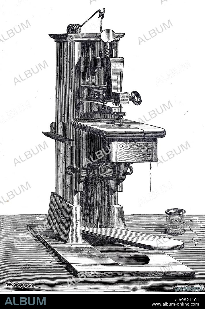 Sewing machine by Thimonnier, Barthelemy Thimonnier was the first sewing machine manufacturer, c. 1840, France, Historic, digitally restored reproduction from a 19th century original