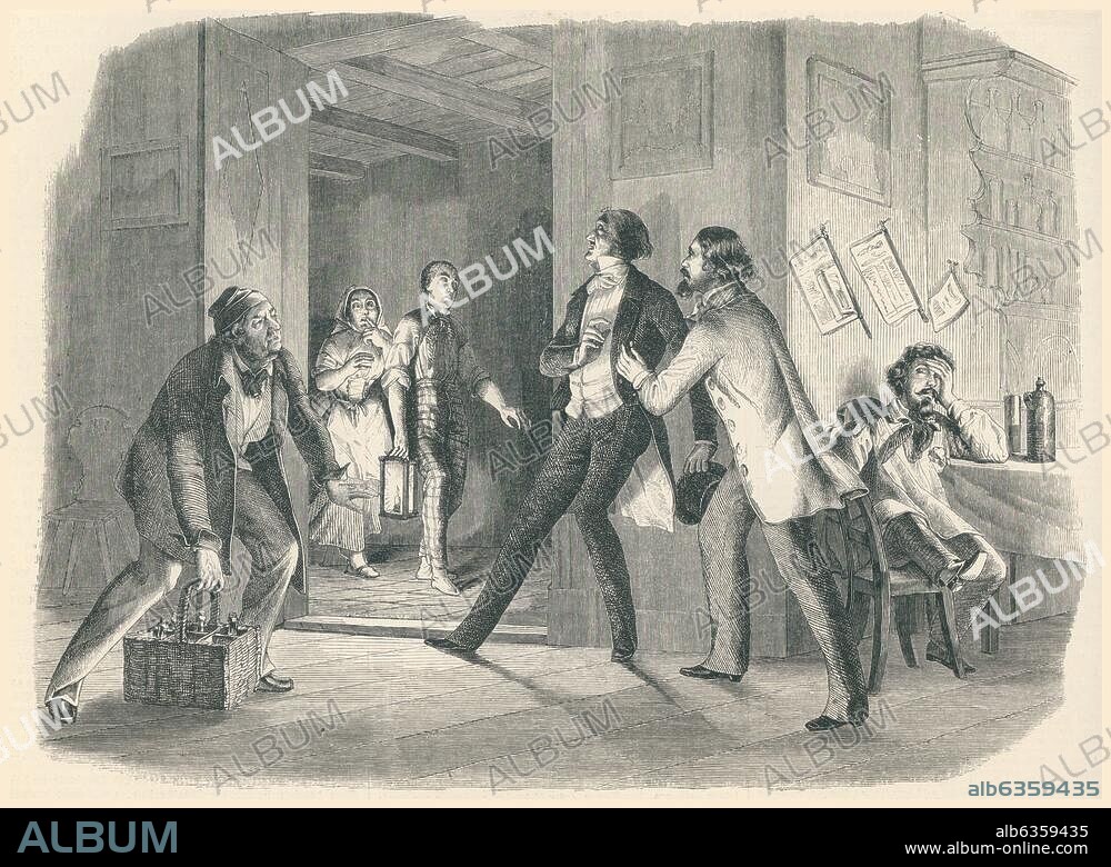 Gutzkow, Karl; Schriftsteller u. Publizist; 1811-1878. Werke: Die Ritter vom Geiste. "Die Ritter vom Geiste, von C.Gutzkow, Hackert als Nachtwandler". Holzstich, unbez. Aus: Illustrirte Zeitung, 17. Bd., Nr. 431, Leipzig (J.J.Weber) 4. Oktober 1851, S. 296. Berlin, Sammlung Archiv für Kunst und Geschichte.