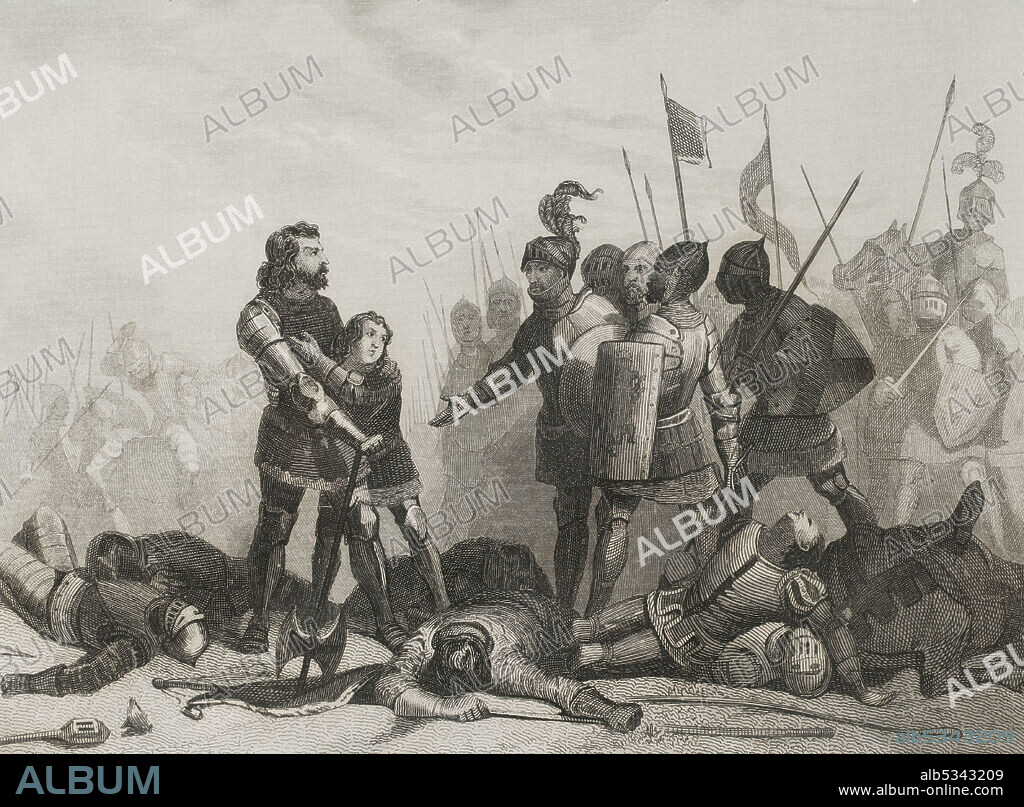 ANTONIO ROCA SALLENT (1813-1864). SPANISH ENGRAVER.. Hundred Years' War. Battle of Aljubarrota (14 August 1385). Confrontation between Portuguese and British troops under the command of John I of Portugal (John of Aviz) and his constable Nuño Alvares Pereira, who defeated the Castilian army of John I of Castile. Engraving by Antonio Roca. Las Glorias Nacionales, 1853.
