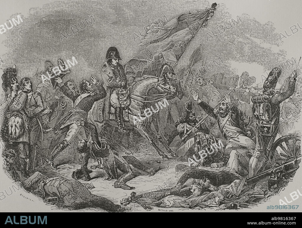 Guerras Napoleónicas. Batalla de Waterloo. Combate que tuvo lugar el 18 de junio de 1815 en la actual Bélgica, con victoria de la Séptima Coalición. Grabado. Los Héroes y las Grandezas de la Tierra. Tomo V. 1855.
