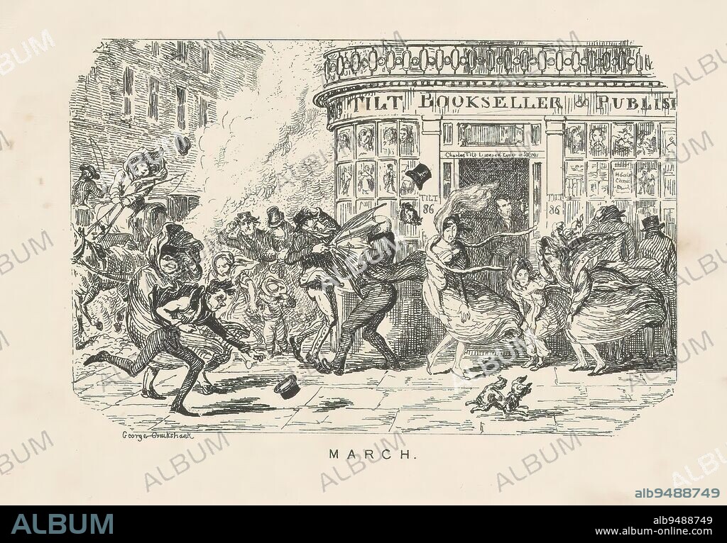 March, March (title on object), View of Fleet Street with the shop window of publisher and book and print dealer Charles Tilt on the corner of Fleet Street and Bride Lane. Passersby are startled by a strong gust of wind., print maker: George Cruikshank, (mentioned on object), publisher: Charles Tilt, London, 1834, paper, etching, height 89 mm × width 124 mm.