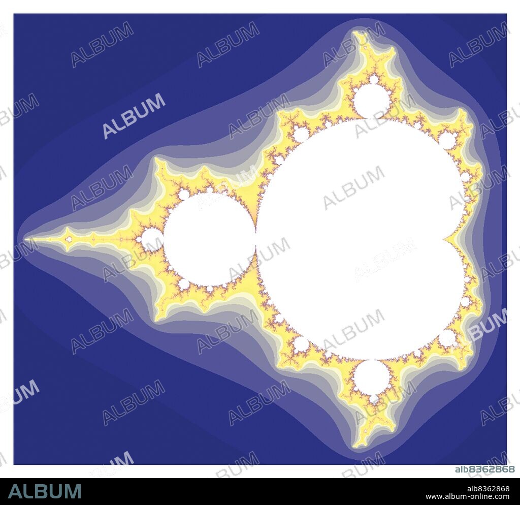 In the Mandelbrot set, points remaining finite through all iterations are white. Values diverging to infinity are shown darker.