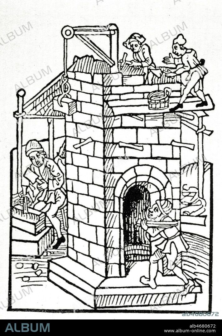 Macons au travail a la fin du 15eme siecle, echaffaudages et systeme de poulies pour monter les pierres taillees. Gravure sur bois du XVeme siecle . Credit : Collection KHARBINE-TAPABOR.