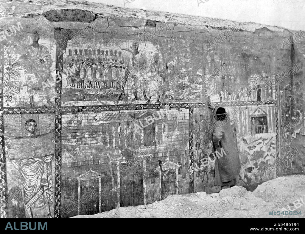 The Dura Europos synagogue is an ancient synagogue uncovered at Dura-Europos, Syria, in 1932. The last phase of construction was dated by an Aramaic inscription to 244 CE, making it one of the oldest synagogues in the world. It is unique among the many ancient synagogues that have emerged from archaeological digs as it was preserved virtually intact, and it has extensive figurative wall-paintings. These frescoes are now displayed in the National Museum of Damascus.