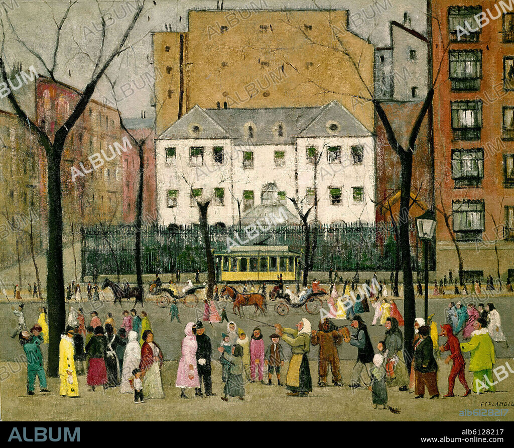 JUAN ESPLANDIU. 'Carnaval en Recoletos', 1959, Oil on canvas, 85 x 99 cm.