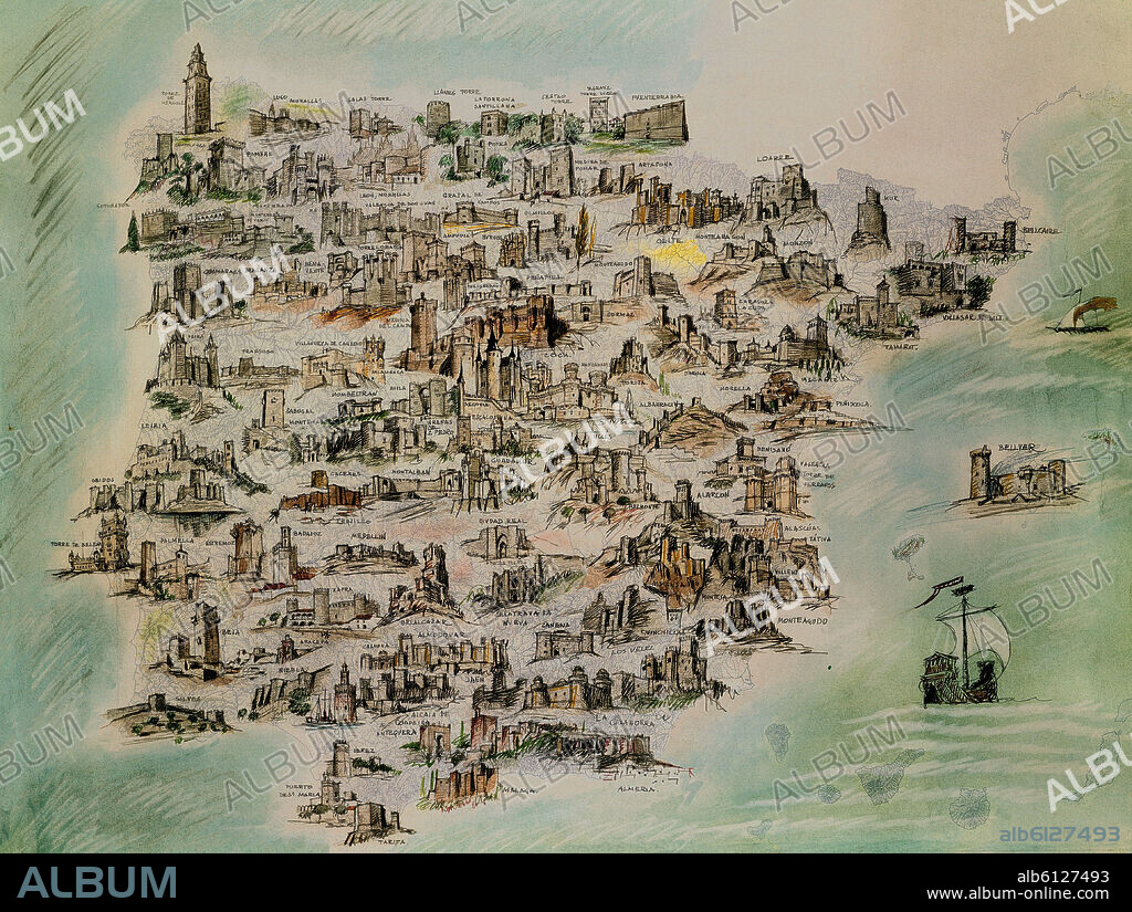 FERNANDO CHUECA GOITIA. MAPA DE LOS CASTILLOS Y FORTALEZAS DE LA PENINSULA IBERICA.