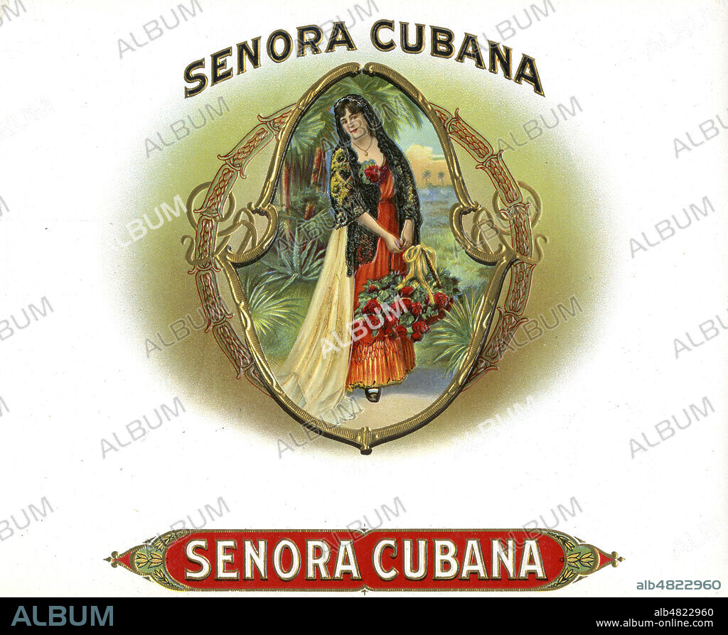 'Senora Cubana'. Femme cubaine portant un bouquet de roses. Etiquette de boite de cigares vers 1900. Credit : Collection KHARBINE-TAPABOR.