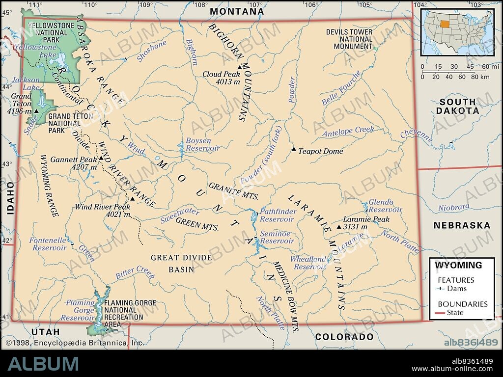 Physical map of Wyoming.