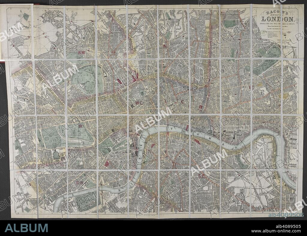A map of London and its suburbs. This map was one of the most successful in terms of longevity . Bacon's New Map of London, divided into half-mile squares & Circles. Scale, four inches to the mile. (Strangers' Guide to London). London : G.W. Bacon, [1876]. Source: Maps 24.aa.19. Language: English.