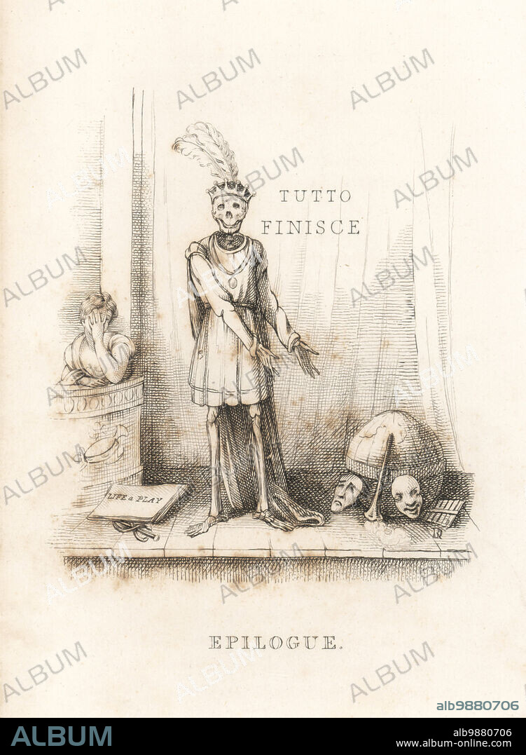The skeleton of Death on the theatre stage. Death in a crown, tunic and cape, a globe, playscript of Life a Play, drama masks on the stage, Tutto Finisce on the curtains, a woman weeping in a box. Illustration drawn and engraved on steel by Richard Dagley from his own Deaths Doings, Consisting of Numerous Original Compositions in Verse and Prose, J. Andrews, London, 1827. Dagley (1761-1841) was an English painter, illustrator and engraver.