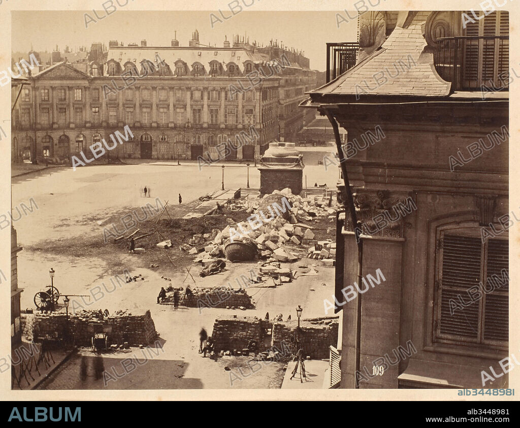 Colonne Vendôme, 1871, Albumen silver print from glass negative, Photographs, Franck (French, 1816–1906), On May 16, 1871, a group of Communards led by the painter Gustave Courbet pulled down the Vendôme Column. In Franck's photograph its shattered remains litter the Place Vendôme.. Modeled on the ancient Column of Trajan in Rome, the Vendôme Column was built by Napoleon I in the first decade of the nineteenth century as a glorification of the victorious French soldiers who defeated the Russian-Austrian alliance at the Battle of Austerlitz; the seventy-six battle-scene bas-reliefs that spiral up the shaft were cast from the bronze of 250 captured Russian cannons.