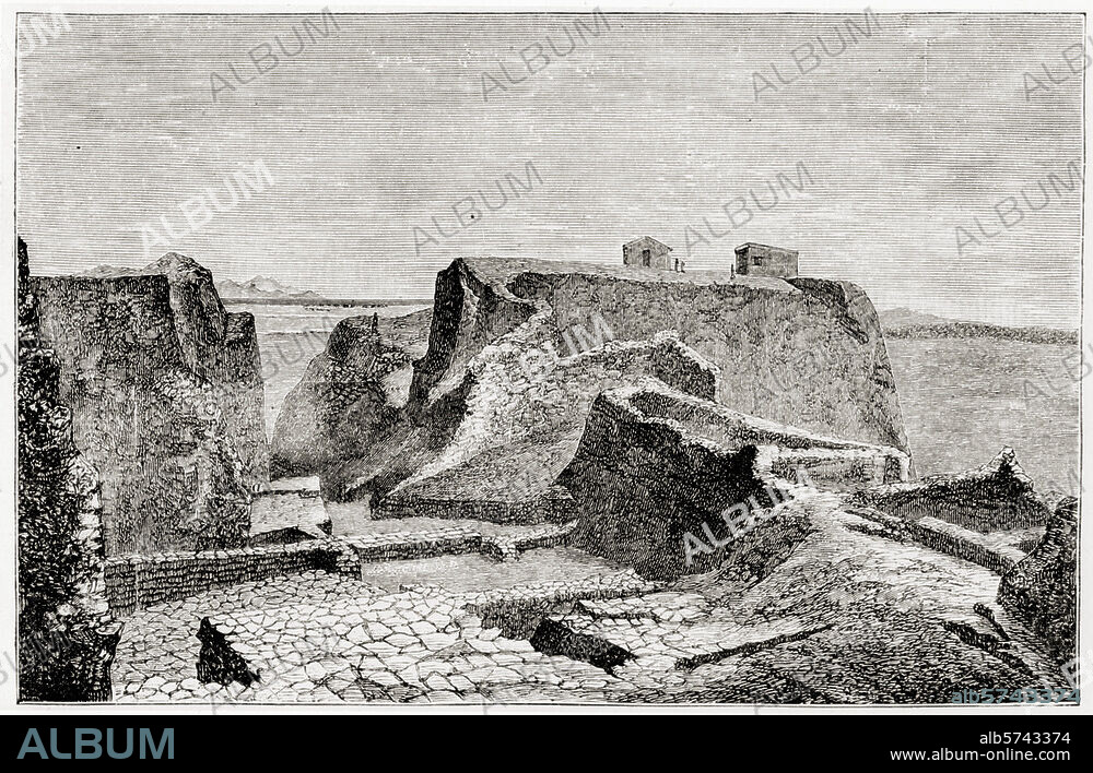 Troja (Türkei). Die grosse Ausgrabung auf der Nordwestseite, das Tor und die gepflasterte Strasse, der grosse Turm (...) ". (Ausgrabungen 1870-82 unter Heinrich Schliemann). Holzstich. Abb. Nr. 10 aus H. Schliemann, Ilios, Stadt und Land der Trojaner, 1881 (franz. Ausg.: Ilios -ville et pays des Troyens, 1885). Paris, Bibliothèque Nationale.