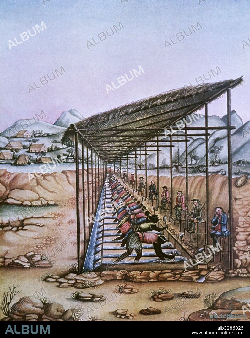 Brasil. Yacimientos sedimentarios de diamantes que fueron descubiertos en 1725. Destacan las Minas Geraes. Esclavos negros en una mina, bajo la vigilancia de capataces, realizando el proceso de lavado para la separación del diamante de la escoria. Ilustración del siglo XVIII.