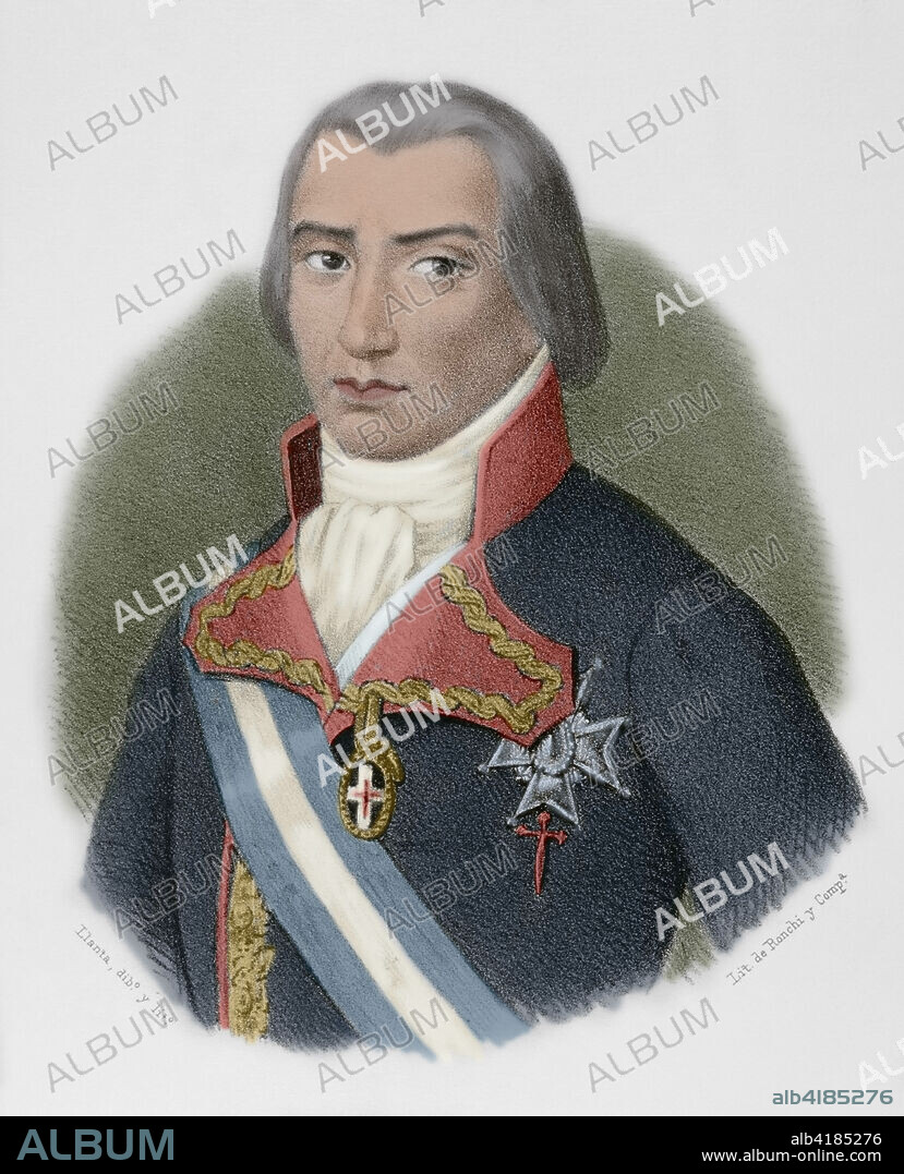 SANTIAGO LLANTA (FL. 1866-1872). FRENCH LITHOGRAPHER WHO WORKED IN SPAIN.. Federico Gravina (Federico Carlos Gravina y Napoli) (Palermo, 1756-Cádiz, 1806). Marino y militar español. Capitán general de la Real Armada Española. Conocido por su participación en la Batalla de Trafalgar. Retrato. Dibujo por Llanta. Litografía. Coloreada. Crónica General de España, Historia Ilustrada y Descriptiva de sus Provincias. Andalucía, 1867.
