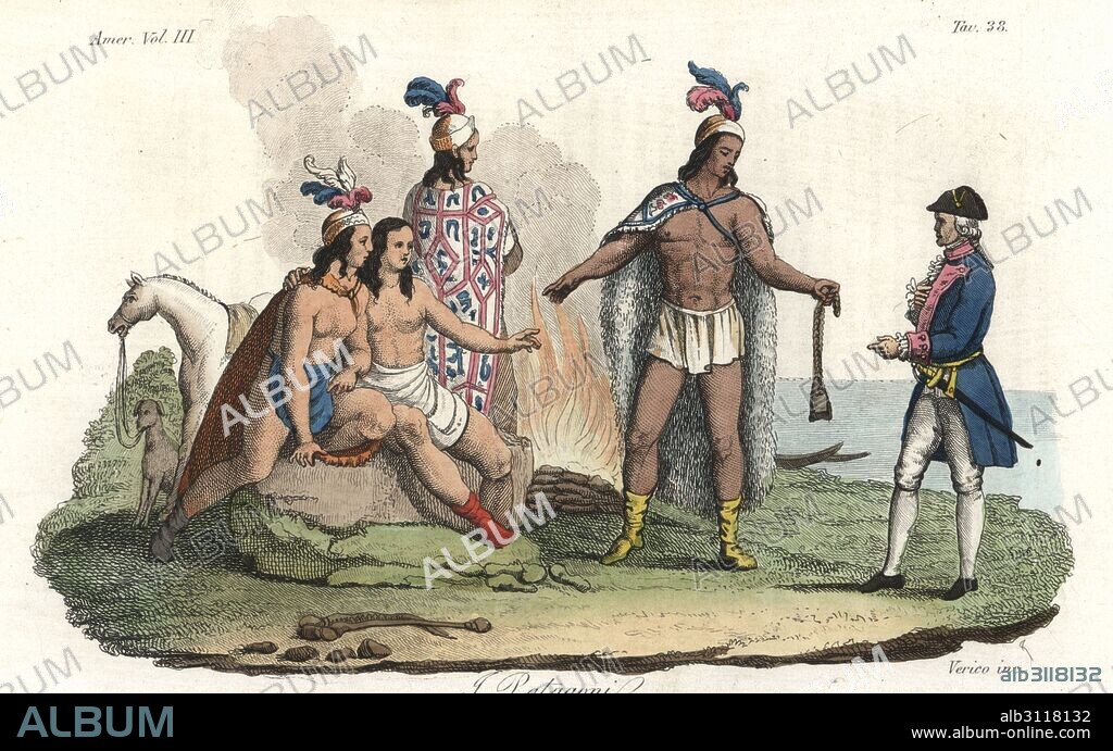 The tall Tehuelche people of Patagonia exchanging gifts with short European colonist. The Native Americans wear feather headdresses and fur cloaks. Handcoloured copperplate engraving by Verico from Giulio Ferrrario's Costumes Antique and Modern of All Peoples (Il Costume Antico e Moderno di Tutti i Popoli), Florence, 1842.