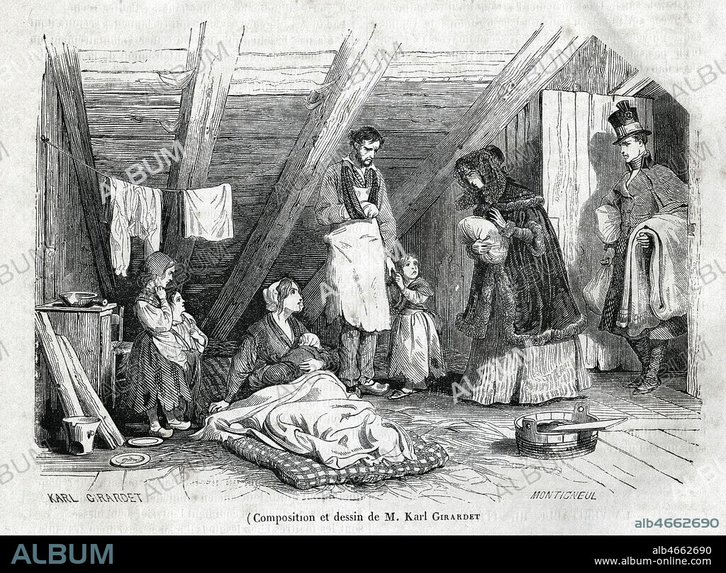 Un couple aise apporte du linge et des provisions a une famille nombreuse dans la misere. Gravure d'apres un dessin de Karl GIRARDET (1813-1871) accompagnant un article sur le baron de GERANDO et son ouvrage 'Le visiteur du pauvre' in Le Magasin Pittoresque de 1843. Gravure appelee aussi "la charite dans un grenier" ou "interieur d'un logement ouvrier" . Credit : Collection KHARBINE-TAPABOR.
