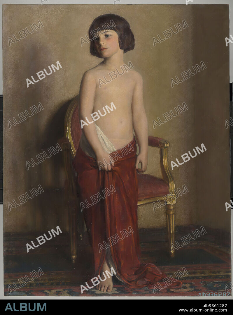A Statuette, William Sergeant Kendall, American, 1869-1938, Oil on canvas, ca. 1914, 54 x 42 3/16 in., 137.2 x 107.1 cm, A Statuette, adrogynous, american, availability, blank, boy, carpet, chair, child, children, classical, game, Girl, imitation, inappropriate, innocence, interior, Kendall, lifeless, naked, nude, Oil, Painting, partially clad, rug, sexuality, venus, William Sergeant Kendall.