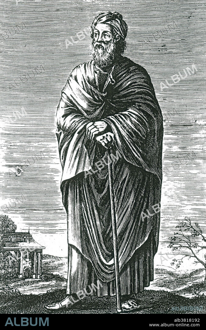 Xenophanes of Colophon (570 - 475 BC) was an Ancient Greek philosopher, theologian, poet, and social and religious critic. He lived a life of travel, having left Ionia at the age of 25 and continuing to travel throughout the Greek world for another 67 years. Knowledge of his views comes from fragments of his poetry, surviving as quotations by later Greek writers. To judge from these, his elegiac and iambic poetry criticized and satirized a wide range of ideas, including Homer and Hesiod, the belief in the pantheon of anthropomorphic gods and the Greeks' veneration of athleticism. He is credited with being one of the first philosophers to distinguish between true belief and knowledge, which he further developed into the prospect that you can know something but not really know it. Engraving from The History of Philosophy by Thomas Stanley published in three successive volumes between 1655 and 1661.