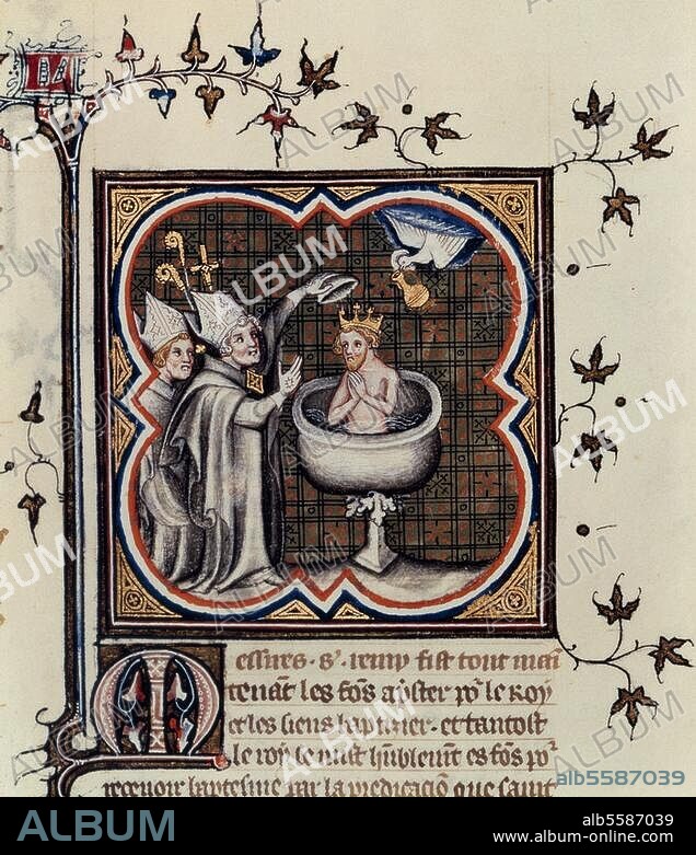 ANONYM. Chlodwig I., Frankenkönig aus dem Haus der Merowinger; um 466 - 511. "Clodwigs Taufe". (496 oder 506; Bischof Remigius von Reims tauft Chlodwig). Buchmalerei, französisch, 1375/79. Aus den Grandes chroniques de France nach Gregor von Tours. Ms. Français 2813, fol. 12 v. Paris, Bibliothèque Nationale.