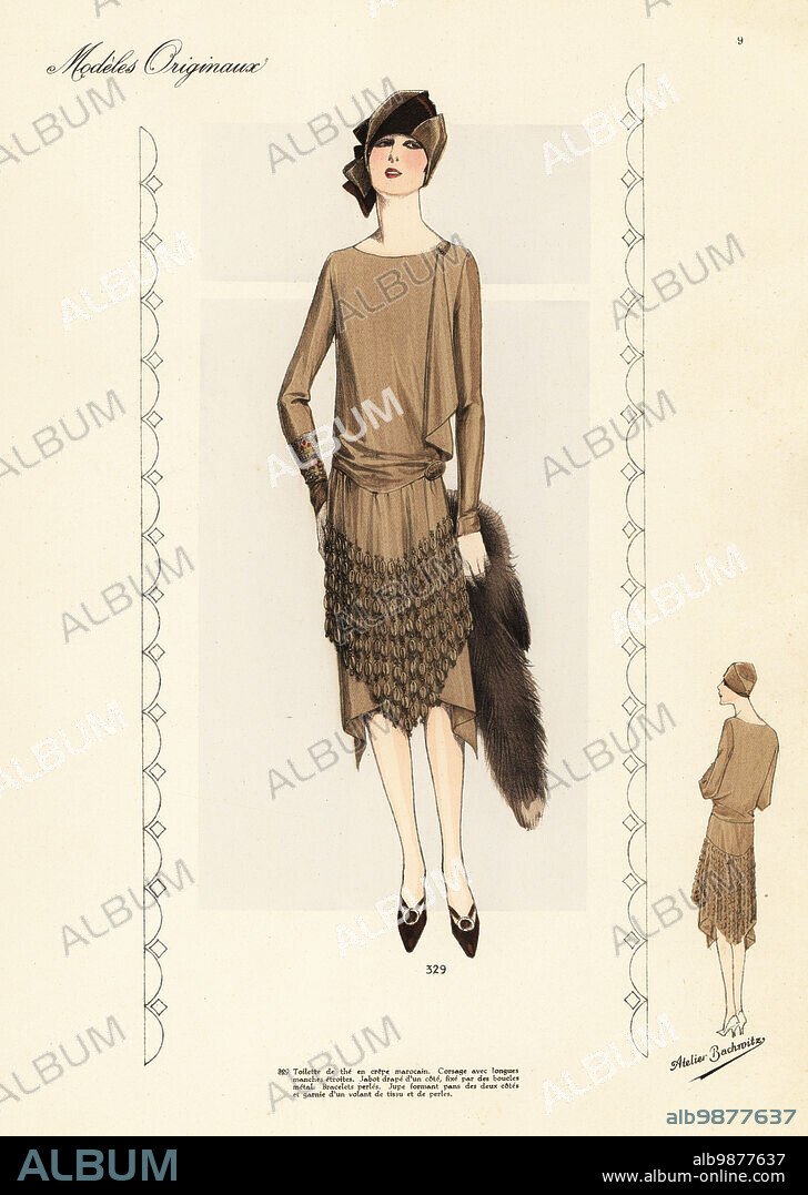 Five o'clock dress in bronze Moroccan crepe decorated with beads. Cloche hat. Toilette de the en crepe marocain. Handcoloured lithograph from Beaux-Arts des Modes: Modeles Originaux, Hiver 1928 (Fashions of Fine Arts: Original Models, Winter 1928), Publisher Chic Parisien, Atelier Bachwitz, Paris, Volume 6, Number VII, November 1927.