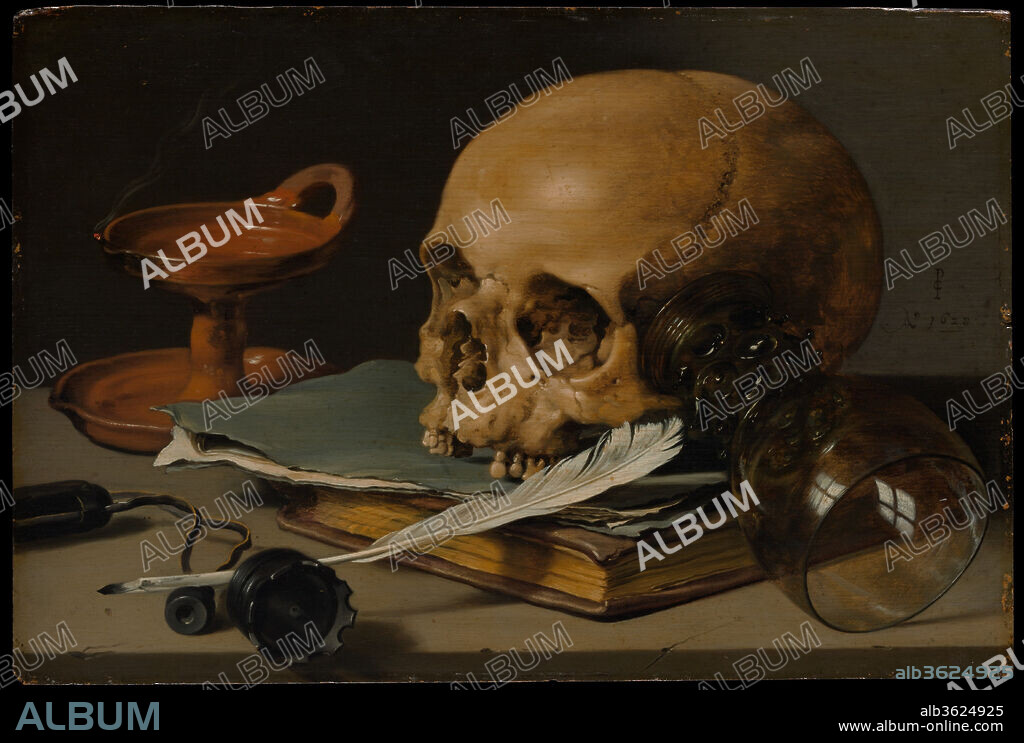 Still Life with a Skull and a Writing Quill. Artist: Pieter Claesz (Dutch, Berchem? 1596/97-1660 Haarlem). Dimensions: 9 1/2 x 14 1/8 in. (24.1 x 35.9 cm). Date: 1628.
This is one of the earliest dated still lifes by Claesz, a Haarlem painter who gave extraordinary presence to familiar things. Here a skull, an overturned glass roemer with its fleeting reflections, an expired lamp, and the attributes of a writer suggest that worldly efforts are ultimately in vain.