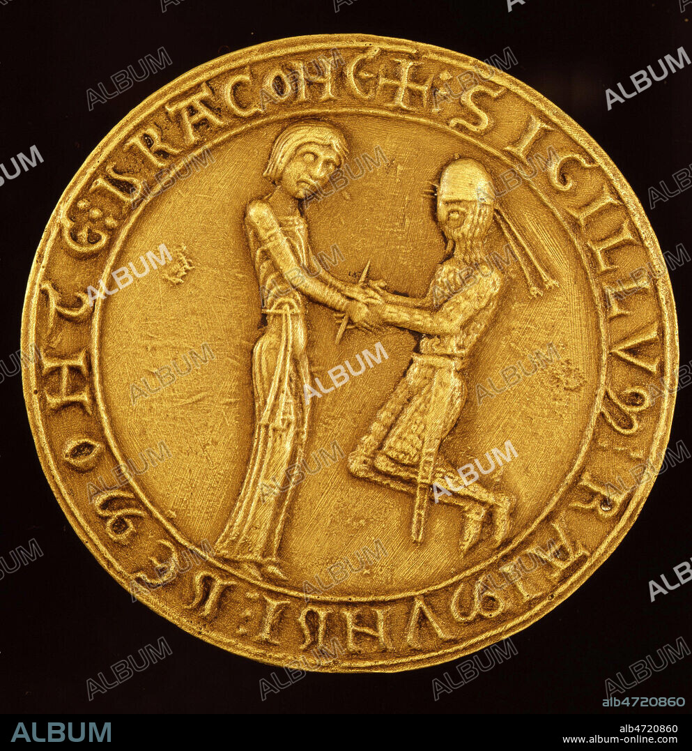 Un vassal rend hommage a son suzerain. Sceau de Raymond de MONDRAGON, conserve aux Archives Nationales (XIIe, 12e, 12eme s.). Credit : Collection JEAN VIGNE/KHARBINE TAPABOR.