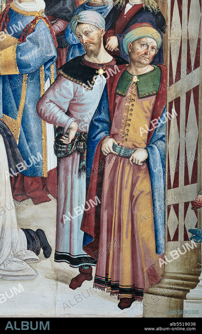 The Piccolomini Library, south west wall: Aeneas Sylvius, elected pope with the name of Pius II, enters St. Peters, September 3, 1458, the seventh one of the ten stories about Aeneas Sylvius Piccolomini, future Pope Pius II, (1503 - 1508), fresco by Bernardino di Betto, known as Pinturicchio. Detail with two secular onlookers.