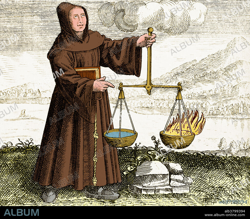 Engraving from 'Symbola aureae' (1617) by Michael Maier, showing Roger Bacon conducting an experiment. Roger Bacon (1214-1294) was an English philosopher and Franciscan friar who placed considerable emphasis on the study of nature through empirical methods. He is sometimes credited as one of the earliest European advocates of the modern scientific method inspired by Aristotle and later Arabic scholars such as the Muslim scientist Alhazen. He studied at Oxford and may have been a disciple of Grosseteste. He became a master at Oxford, lecturing on Aristotle. Between 1237 and 1245, he began lecturing at the University of Paris, then the centre of European intellectual life. In 1256 he became a friar in the Franciscan Order, and no longer held a teaching post. After 1260, his activities were restricted by a Franciscan statute prohibiting friars from publishing books or pamphlets without prior approval. circumvented this through his acquaintance with.