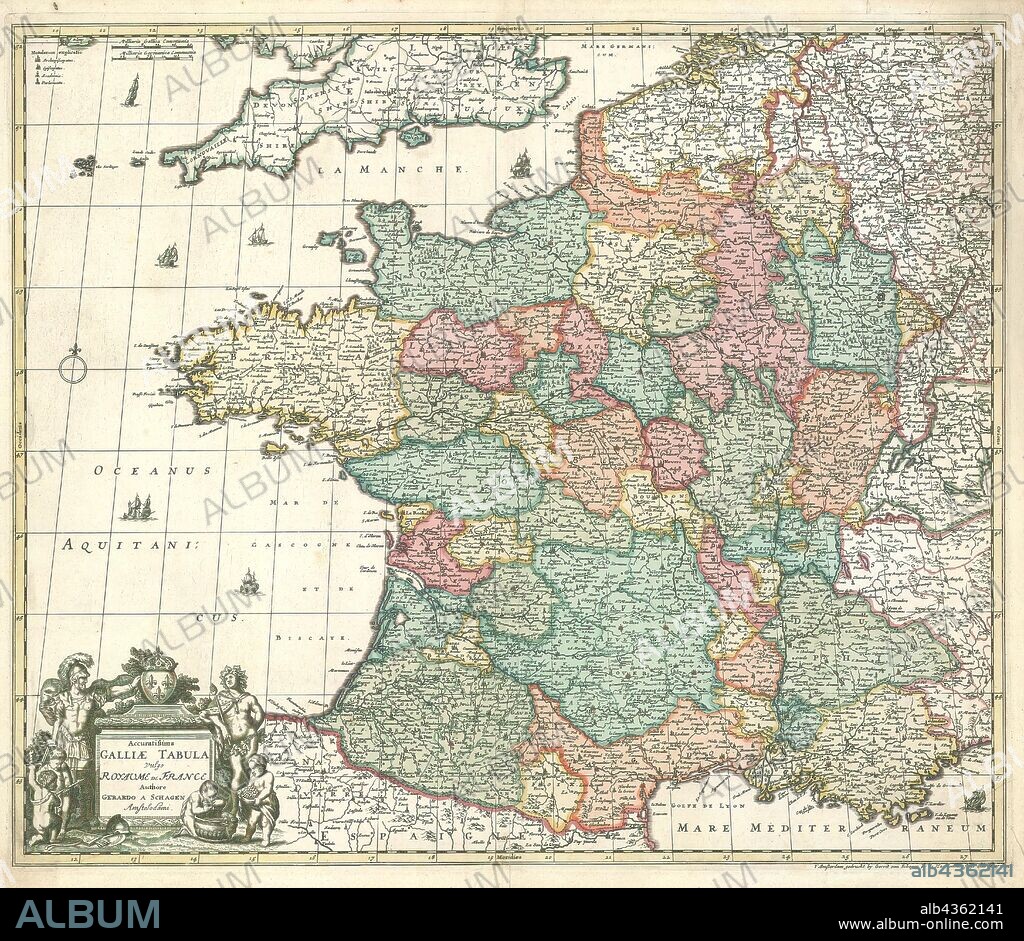 Map, Accuratissima Galliae tabula vulgo Royaume de France, Gerrit van Schagen (1677-1690 fl.), Copperplate print.