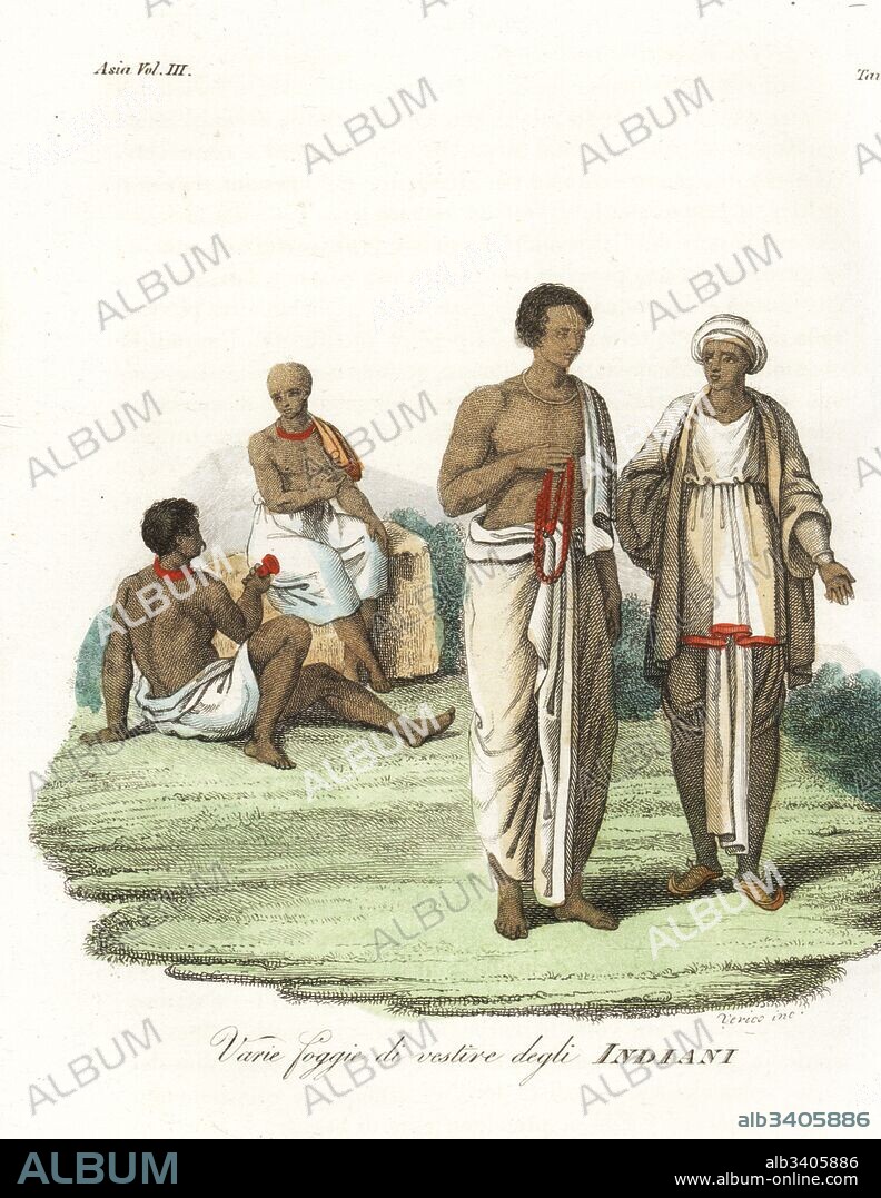Various types of clothes worn by Indian men. Man of distinction with prayer beads, and men in dhoti. Handcoloured copperplate drawn and engraved by Andrea Bernieri after Francois Solvyns from Giulio Ferrario's Ancient and Modern Costumes of all the Peoples of the World, Florence, Italy, 1844.
