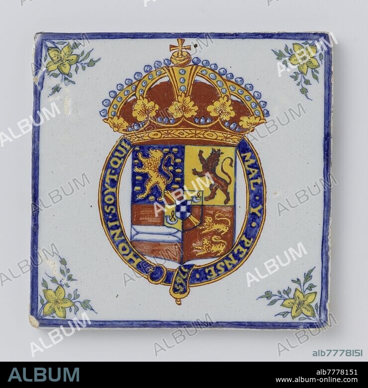 Tile, painted with the coat of arms of Prince William IV and the year 1765, Tile of faience, multicolored painted with the coat of arms of Prince William IV., Piet Vizeer (possibly), Delft, 1765, h 13.5 cm × w 13.5 cm × d 1.0 cm.