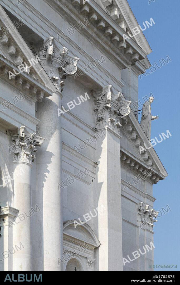 Church of the Redentore, Venice, by Andrea di Pietro della Gondola known as Palladio, 1576 post, 16th Century,. Italy, Veneto, Venice, The Redentore Church. Detail. Exterior facade Church of the Redentore columns pilaster anta capital entablature, 2009 photograph.