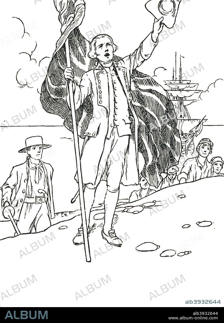 'Captain Cook Landing in Australia', 1912. Captain Cook (1728-1779) in naval uniform landing at Botany Bay on Sunday 29 April 1770. Cook made three voyages of discovery. On the first he observed the transit of Venus and charted the coasts of New Zealand and eastern Australia, claiming them for Britain, and on the second he explored the Southern Ocean. The main objective of his last voyage was to find a northern sea passage between the Pacific and Atlantic oceans. He was killed when a fight broke out with natives in Hawaii.From More About The Empire by Alice Talwin Morris. [Blackie and Son Limited, London, Glasgow and Bombay, 1912].