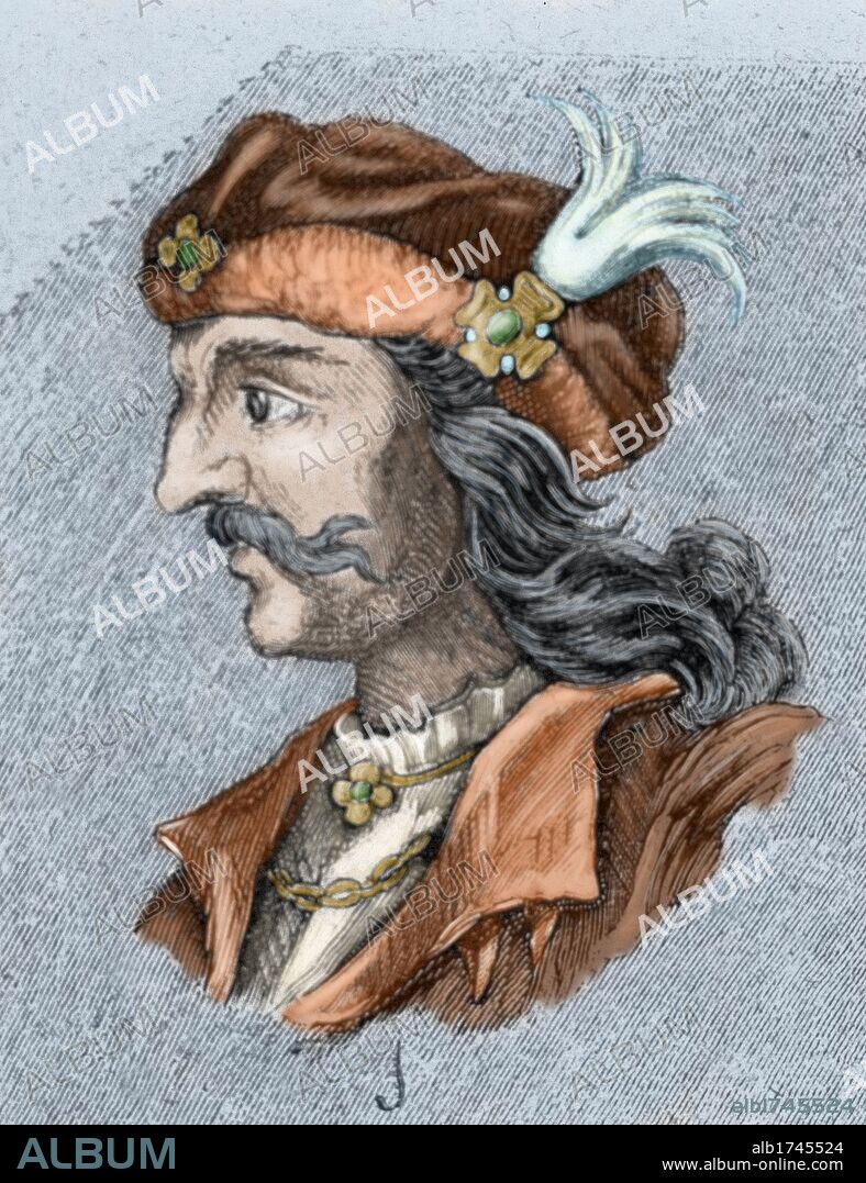 AGILA I. Rey visigodo (549 a 554). Sucesor de Teudiselo. Murió asesinado en Mérida. Grabado coloreado.