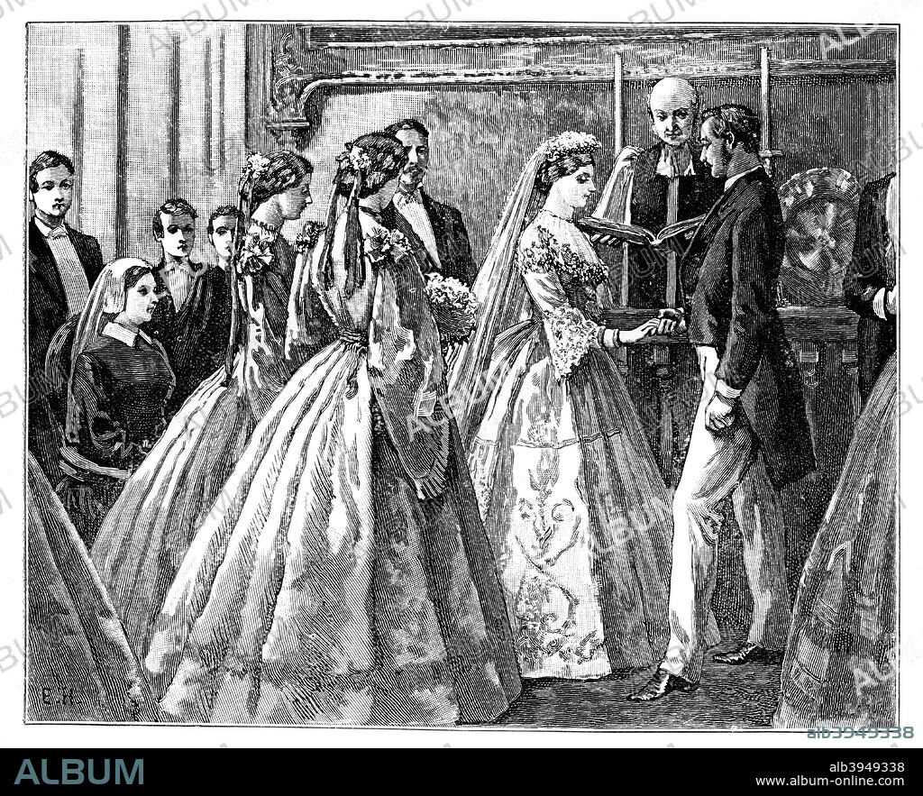 Marriage of the Princess Alice and Duke Ludwig of Hesse, 1 July 1862 (late 19th century). Alice (1843-1878), daughter of Queen Victoria, married Ludwig IV, Grand Duke of Hesse at the royal residence of Osborne House on the Isle of Wight. Illustration from The Life & Times of Queen Victoria, by Robert Wilson, Vol III.