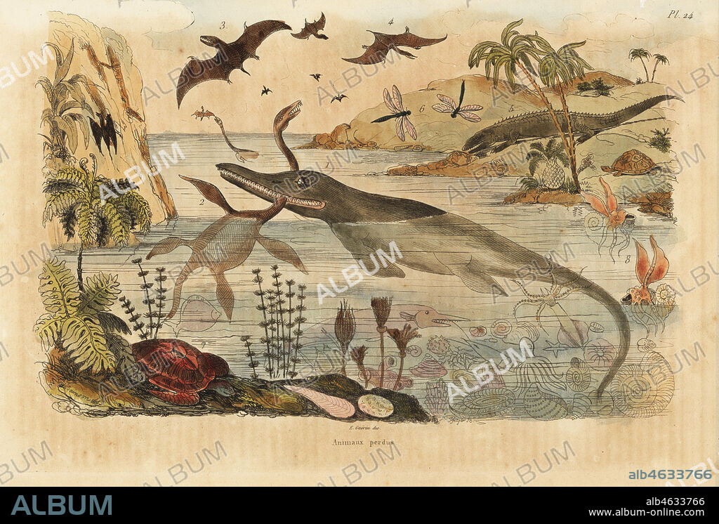 Extinct dinosaurs, ichthyosaur, plesiosaur, marine animals, pterodactyls, lizards, turtles, insects, fish, squid, molluscs, etc. Animaux perdus. Handcoloured steel engraving after an illustration by Louis Auguste de Sainson from Felix-Edouard Guerin-Meneville's Dictionnaire Pittoresque d'Histoire Naturelle (Picturesque Dictionary of Natural History), Paris, 1834-39.