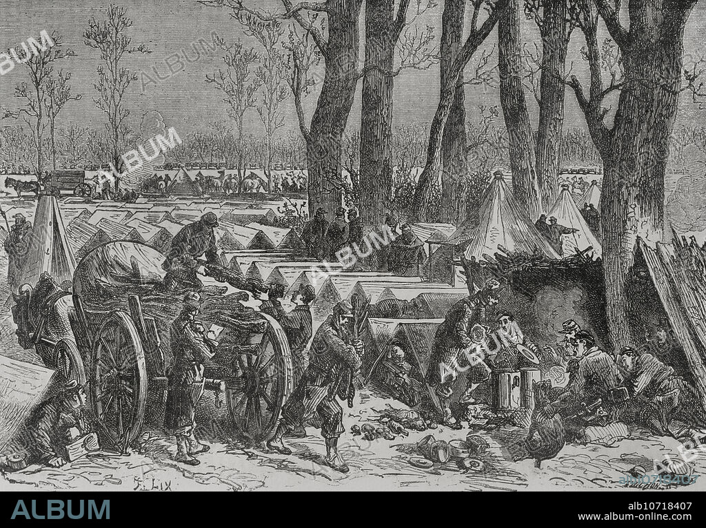 AUGUSTE TRICHON (1814-1898). FRENCH ENGRAVER.. Franco-Prussian War (1870-1871). Siege of Paris (19 September 1870 to 28 January 1871). Bivouac of General Ducrot's troops in the wood of Vincennes. Engraving by Trichon. "Historia de la Guerra de Francia y Prusia" (History of the War between France and Prussia). Volume II. Published in Barcelona, 1871.