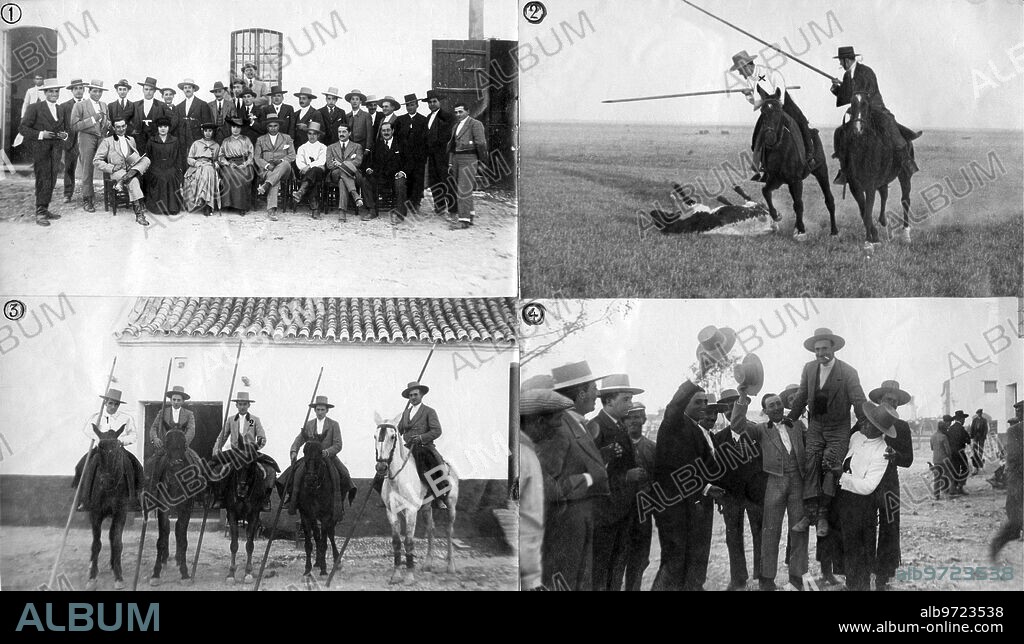 Noviembre 1917. Fiesta Taurina En "la Marmoleja" (Sevilla). 1.-los Invitados en el patio de la Finca. 2.-Belmonte, Derribando 3.-Belmonte (1) y Joselito (2) y los Ganaderos Señores Rufinomoreno Santamaría. 4.-Joselito y Belmonte Paseando en Hombros A D. Rufino Moreno Santamaría.