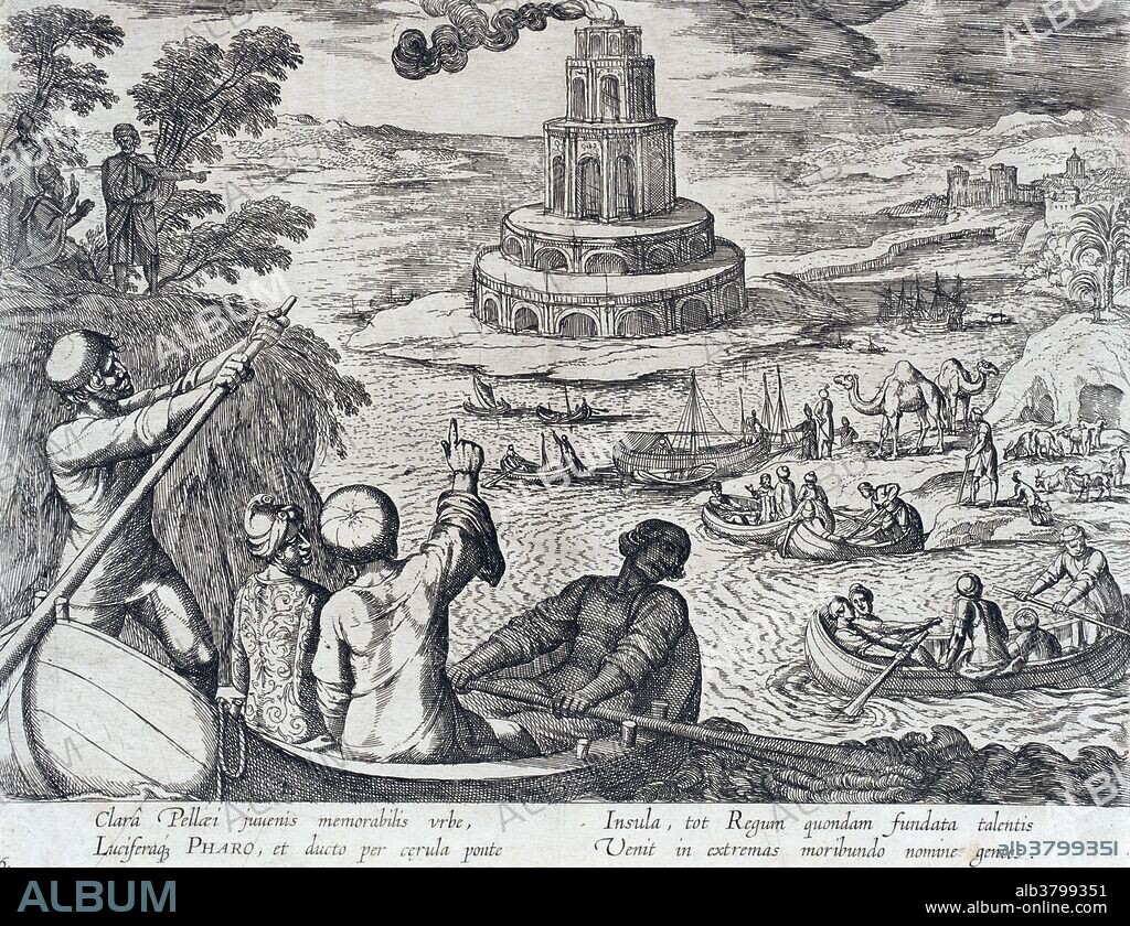 Etching of the Lighthouse at Alexandria from the series: The Seven Wonders of the World (plate 6) by Antonio Tempesta (1555-1630) Italy, published 1610. The lighthouse at Alexandria, Egypt was built in the 3rd century BC. The height of the lighthouse was estimated to be between 380 and 440 feet tall. It was identified as one of the Seven Wonders of the Ancient World by Antipater of Sidon. The lighthouse was badly damaged, with barely any remaining ruins, after three earthquakes. The first was in 956, then another in 1303, and the last in 1323.