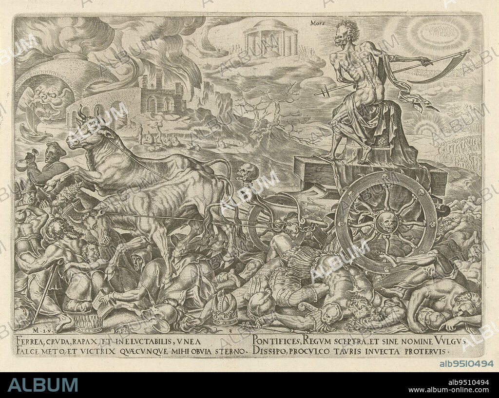 Death, in the guise of a skeleton with a scythe, sits on a chariot decorated with skulls. The spokes of the wheels are charnels.Under Death's cart, everyone he encounters is crushed: clergy, kings, generals and children. The background shows what ultimately awaits all the dead: a burning hell on the left and the rising sun of paradise on the right. The print has a Latin caption and is part of the series on the triumphs of Petrarch, Triumph of Death Triumphs of Petrarch (series title), print maker: Philips Galle, (mentioned on object), Maarten van Heemskerck, (mentioned on object), Hadrianus Junius, Haarlem, c. 1565, paper, engraving, h 194 mm × w 263 mm.