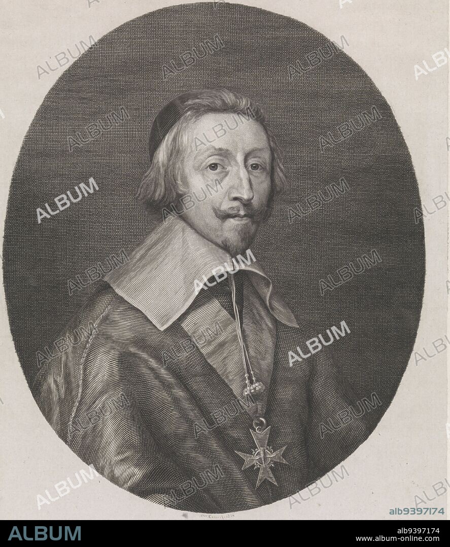 Portrait of the Cardinal of Richelieu, Johann Wilhelm Kaiser (I), after Bernard Picart, 1834, Portrait bust in an oval to the right of Armand Jean du Plessis, Cardinal of Richelieu. He wears a calotte and has a knight's cross of the Order of the Holy Spirit around his neck., print maker: Johann Wilhelm Kaiser (I), (mentioned on object), Bernard Picart, 1834, paper, etching, engraving, h 391 mm × w 255 mm.