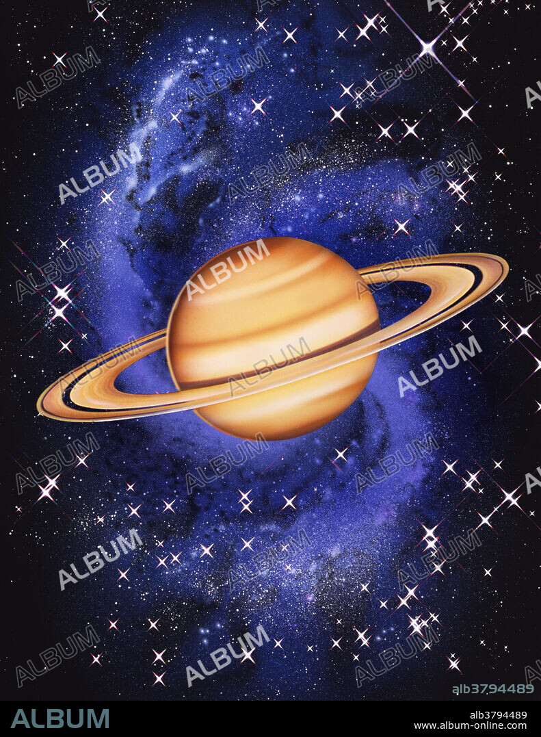 Illustration of the planet Saturn. Saturn is a gas giant planet composed mainly of hydrogen and helium. Traces of gases such as ammonia and methane are also present. Its ring system is mostly made up of millions of orbiting chunks of ice. It is the second largest planet in the solar system (behind Jupiter), and has a diameter of around 120, 000 kilometers. It is around 95 times heavier than Earth.
