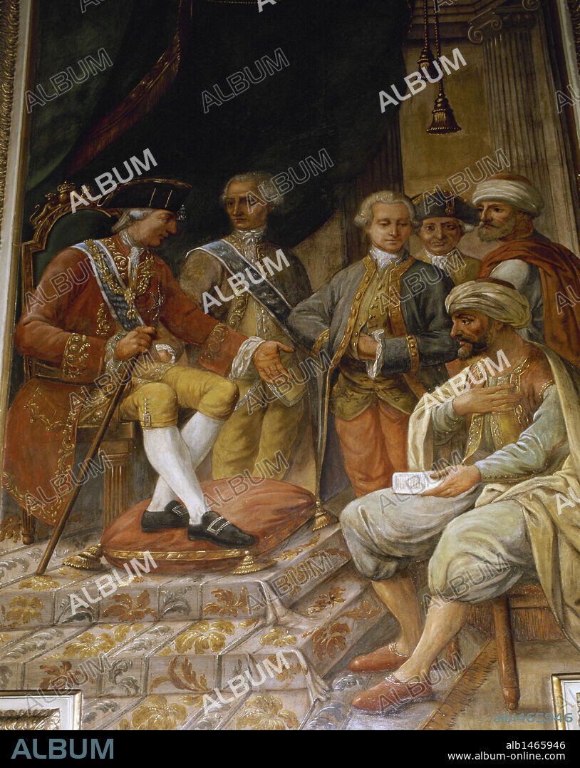 CARLOS III (Madrid,1716-Madrid,1788). Rey de España desde 1759. "ACREDITA CARLOS III SU REAL GRATITUD AL REY DE MARRUECOS CONSINTIENDO OLVIDADOS LOS JUSTOS RESENTIMIENTOS POR EL SITIO DE MELILLA, A UNA ARMONIOSA PAZ ENTRE AMBAS CORTES, CON VENTAJAS GRANDES PARA LA NACION ESPAÑOLA". Pintura obra de Pere Pau MUNTANYA (1749-1803). Delegación del Gobierno en Cataluña. Barcelona.