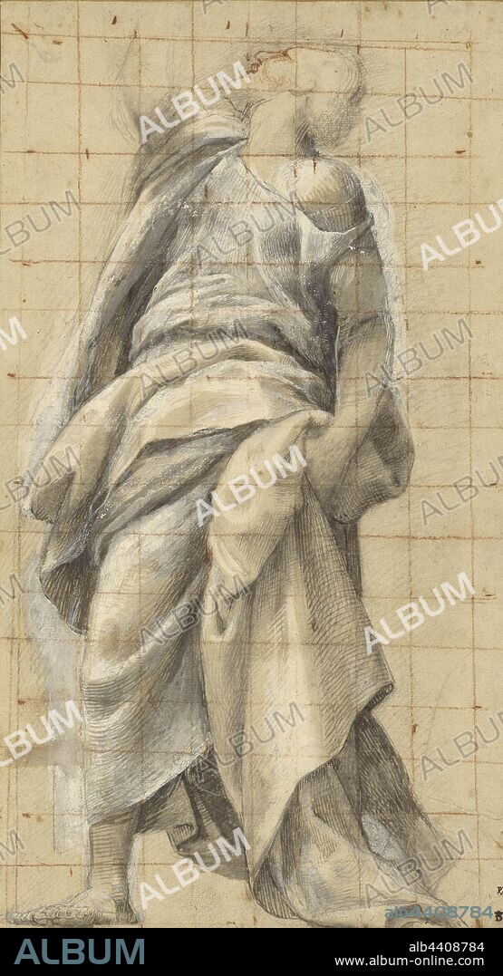 Study of an Apostle, Bernardino Gatti (Italian, about 1495 - 1575), about 1560 - 1570, Black and red chalk, brush and gray-black ink, gray wash heightened with white gouache, squared in red chalk, 39.8 × 21.8 cm (15 11/16 × 8 9/16 in.).